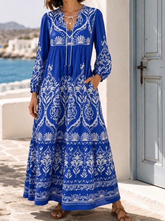 Boden Dresses & Skirts - Boden NWT Blue White Boho Tie Neck Kaftan Dress Sz 2 Vacation Wedding Guest